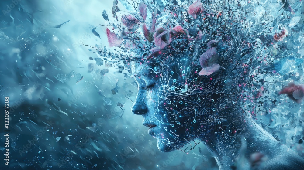 Poster Futuristic digital illustration depicting the concept of artificial intelligence with neural networks and data flow, emphasizing technological innovation and brain activi