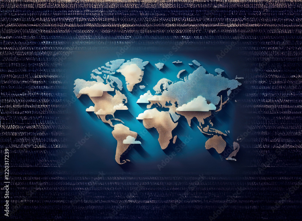 Poster a stylized world map, rendered in muted tones, is subtly illuminated against a backdrop of cascading