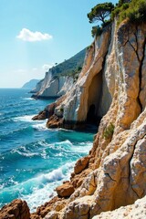 Stunning coastal cliffs with turquoise water and bright blue skies under a sunny day.