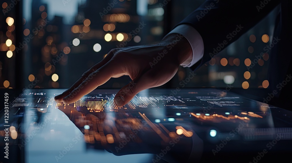 Aufkleber A business professional interacts with a digital device displaying data visuals, symbolizing modern analytics and technology in a sleek office setting.