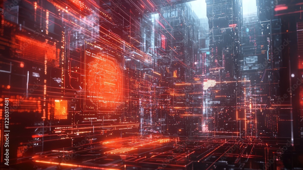 Poster Futuristic digital illustration depicting the concept of artificial intelligence with neural networks and data flow, emphasizing technological innovation and brain activi