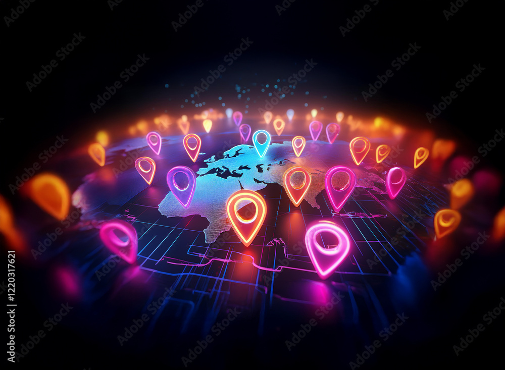 Aufkleber glowing map markers encircle a digital world map, symbolizing global connectivity and network infras