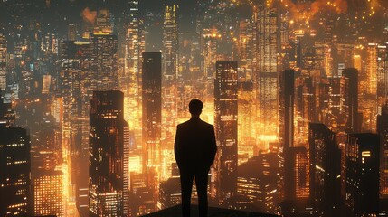 A thought-provoking image featuring a silhouetted businessman overlaying a cityscape, symbolizing growth, vision, and the endless possibilities in a modern professional l
