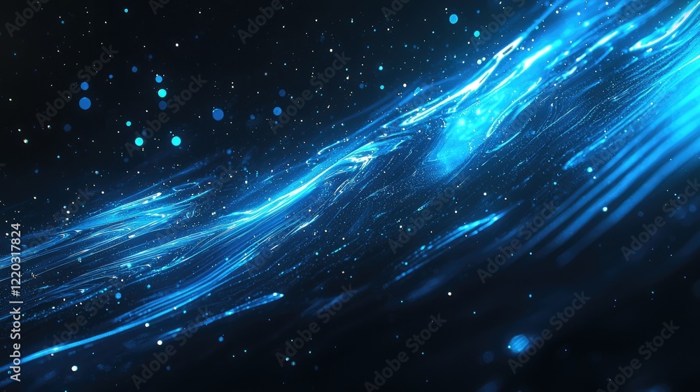 Fototapete This abstract digital background features glowing particles and data streams in vibrant shades of blue and black, perfect for technology-themed designs or presentations.