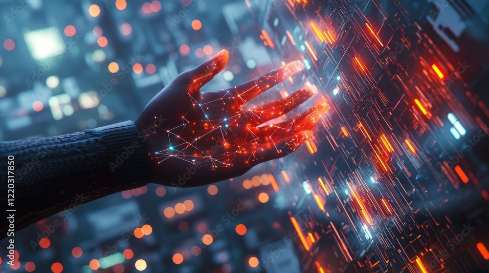Aufkleber an intricate visual of a hand reaching out towards a vibrant digital network, showcasing the fusion 