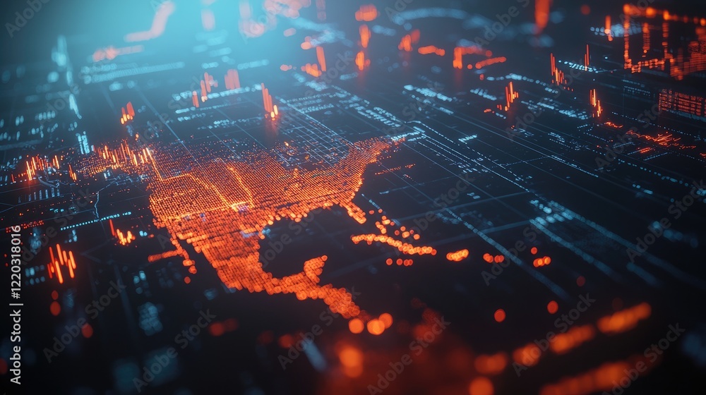 Poster dynamic digital visualization showcasing global financial data through vibrant stock market trends, 
