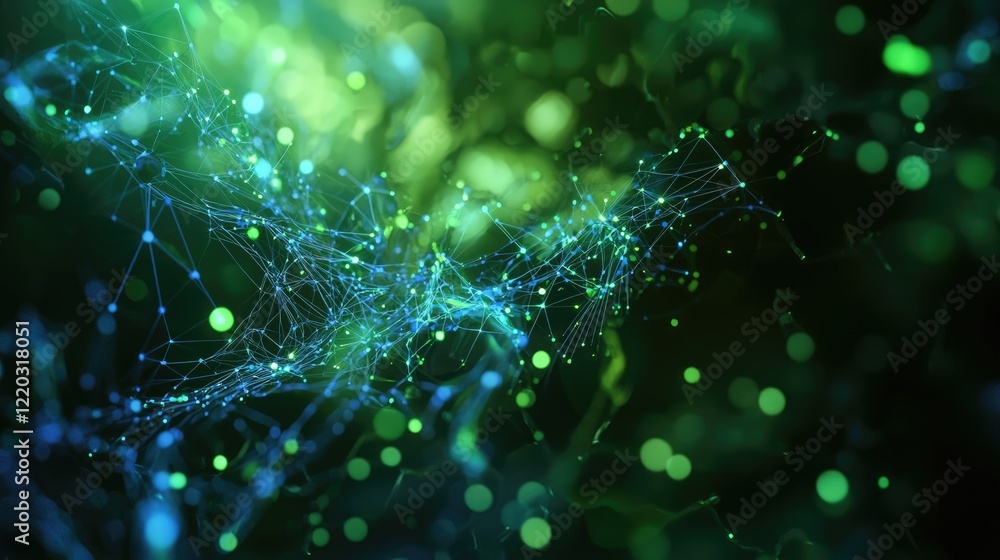 Poster A captivating abstract visualization of a global network, featuring glowing blue and green lights that symbolize connections and data flow in a digital landscape.