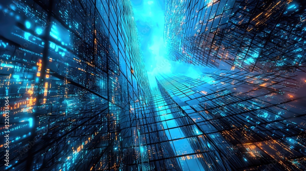 Leinwandbilder explore a mesmerizing abstract digital background featuring vibrant blue and cyan connections, ideal