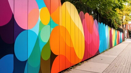 Colorful Mural Painted on Wooden Fence with Abstract Design and Shapes