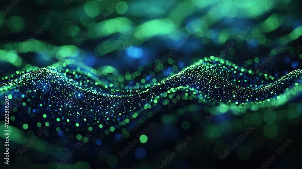 Poster A captivating abstract visualization of a global network, featuring glowing blue and green lights that symbolize connections and data flow in a digital landscape.