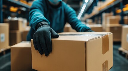 Warehouse Worker Handling Cardboard Box in Distribution Center with Protective Gear