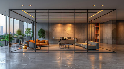 Luxurious executive office with minimalist design and city views