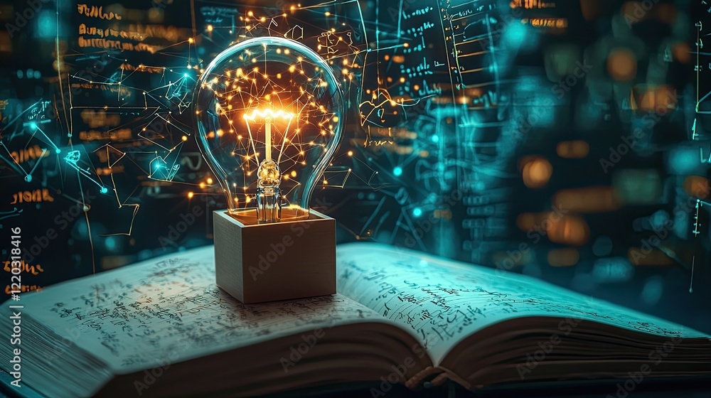 Poster an imaginative representation of creativity, featuring a glowing light bulb emerging from a box on a