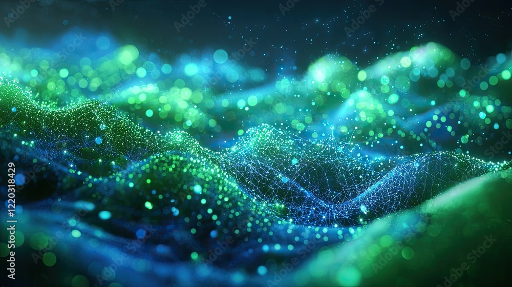 Leinwandbilder A captivating abstract visualization of a global network, featuring glowing blue and green lights that symbolize connections and data flow in a digital landscape.