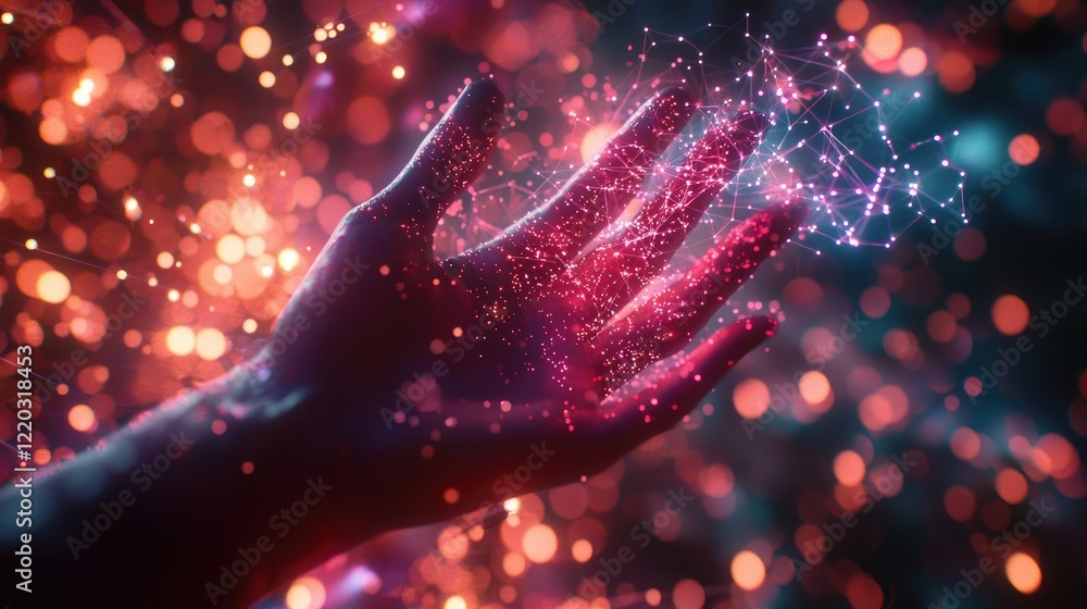 Poster a hand reaches out to an abstract display of digital connections and light particles, symbolizing te