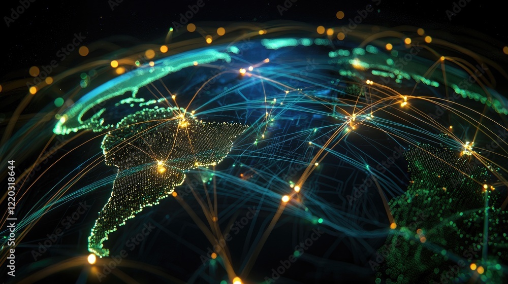 Leinwandbilder A captivating abstract visualization of a global network, featuring glowing blue and green lights that symbolize connections and data flow in a digital landscape.