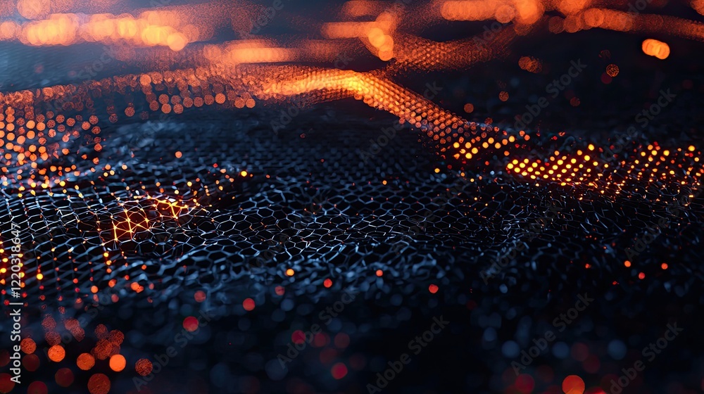 Aufkleber A stunning visual representation of Earth showcasing a digital network with hexagonal patterns and vibrant city lights at night, symbolizing technology and connectivity i