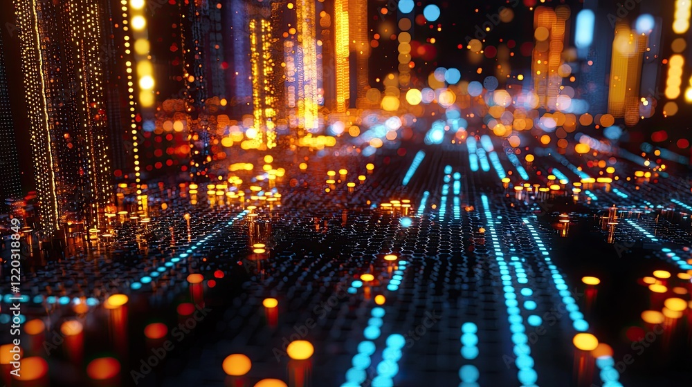 Aufkleber A stunning visual representation of Earth showcasing a digital network with hexagonal patterns and vibrant city lights at night, symbolizing technology and connectivity i