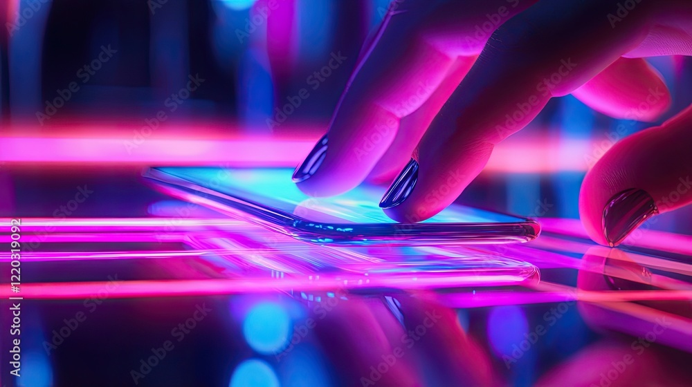 Fototapete a close-up view capturing a person s hand using a smartphone screen illuminated by vibrant neon ligh