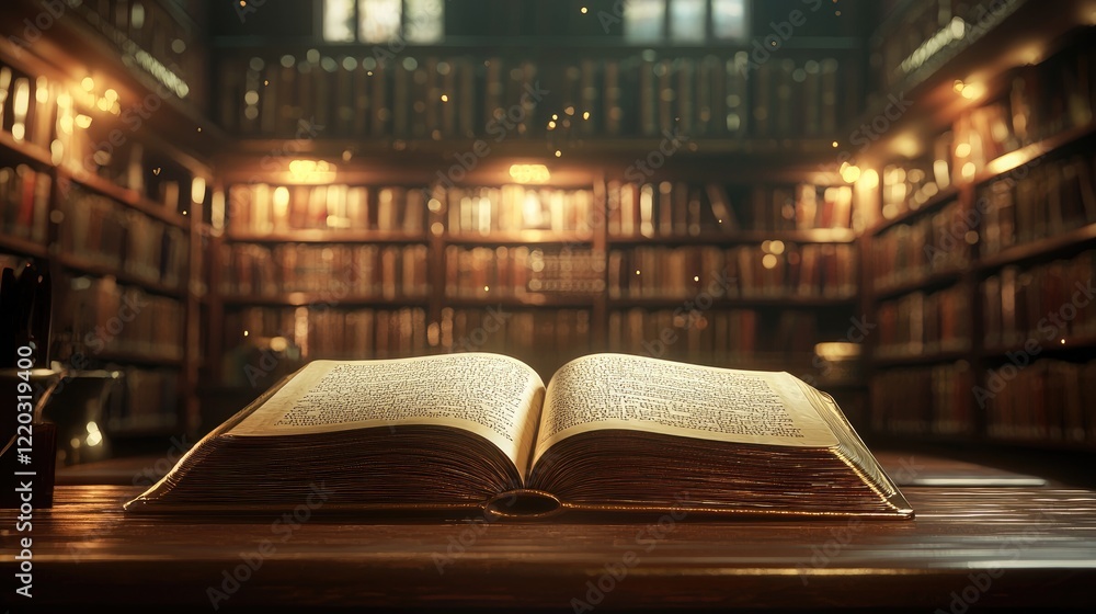 Poster an open book rests on a table, surrounded by a softly blurred background of library shelves. the ima