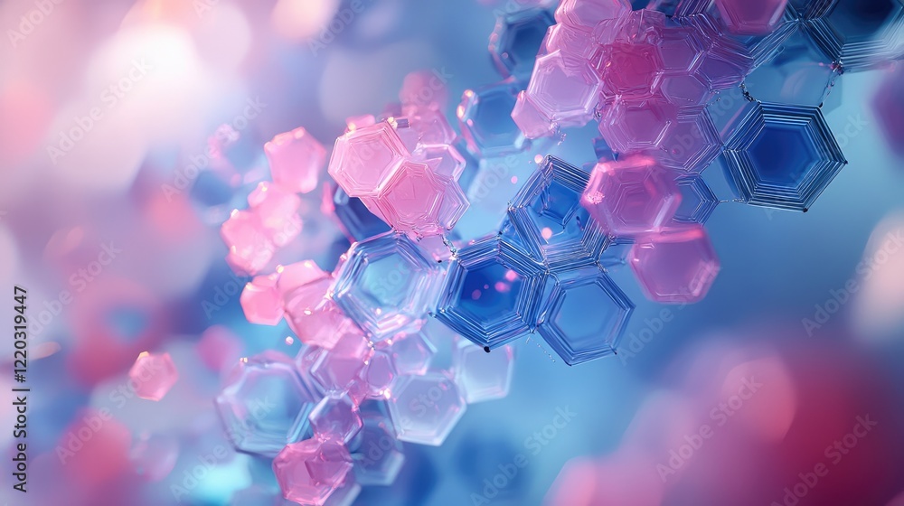 Aufkleber This visually striking abstract design features interconnected hexagons and nodes in blue and pink hues, ideal for themes of technology, innovation, and scientific explor