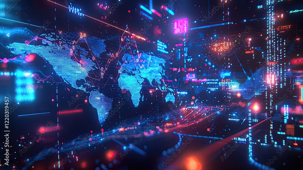 Poster Captivating abstract digital graphic showcasing data visualization with a world map and line chart representing financial trends and market indicators in blue and vibrant