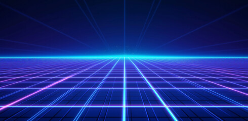 3d abstract 1980's retrowave, cyberpunk background with copy space, neon perspective grid
