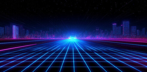 3d abstract 1980's retrowave, cyberpunk background with copy space, neon perspective grid