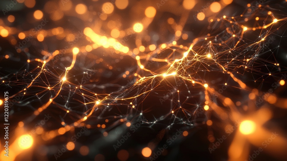 Poster A visually striking abstract depiction of a network structure featuring glowing nodes and lines on a dark background, symbolizing data connections and technological advan