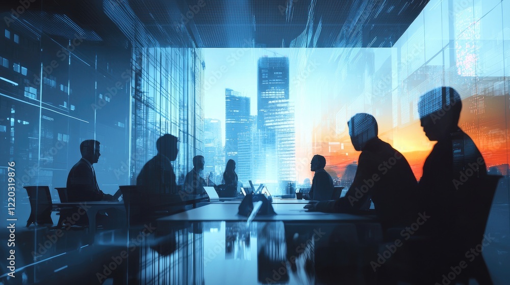 Aufkleber a dynamic scene showcasing a business meeting with professionals collaborating in a modern office. t