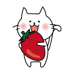 大きな苺を持っている白い猫