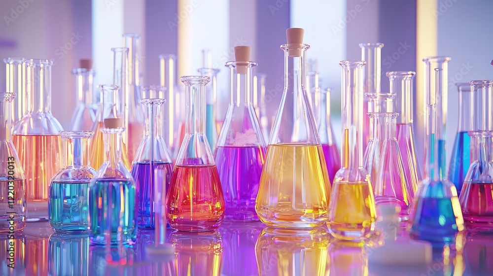 Poster a collection of glass laboratory flasks and test tubes contains vibrant liquids, showcasing a modern