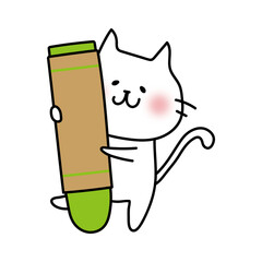 大きなクレヨンを持った白い猫