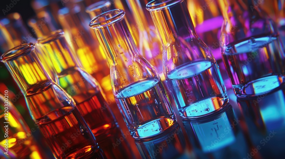 Poster a collection of glass laboratory flasks and test tubes contains vibrant liquids, showcasing a modern