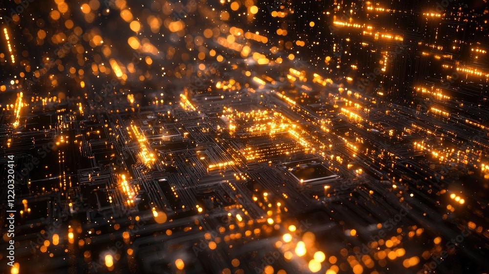 Poster This abstract technology background features intricate circuit board patterns with glowing elements, suitable for themes of innovation and digital connectivity in design