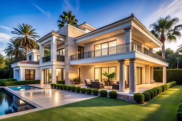 Fototapeta premium Large house with a pool and a lawn