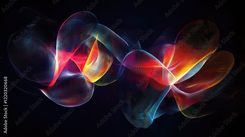 Poster this abstract image features glowing geometric shapes against a dark backdrop, symbolizing innovatio