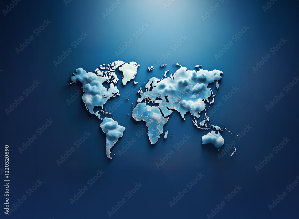 Poster a 3d world map rendered in fluffy, light-blue clouds against a deep blue background, illuminated fro