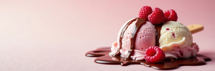 Melted vanilla raspberry chocolate ice cream drips on wafer , cone, food