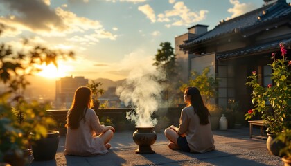Obraz premium Tranquil sunset meditation in a Kyoto rooftop garden, reflecting peace and inner harmony, suitable for wellness and travel blogs