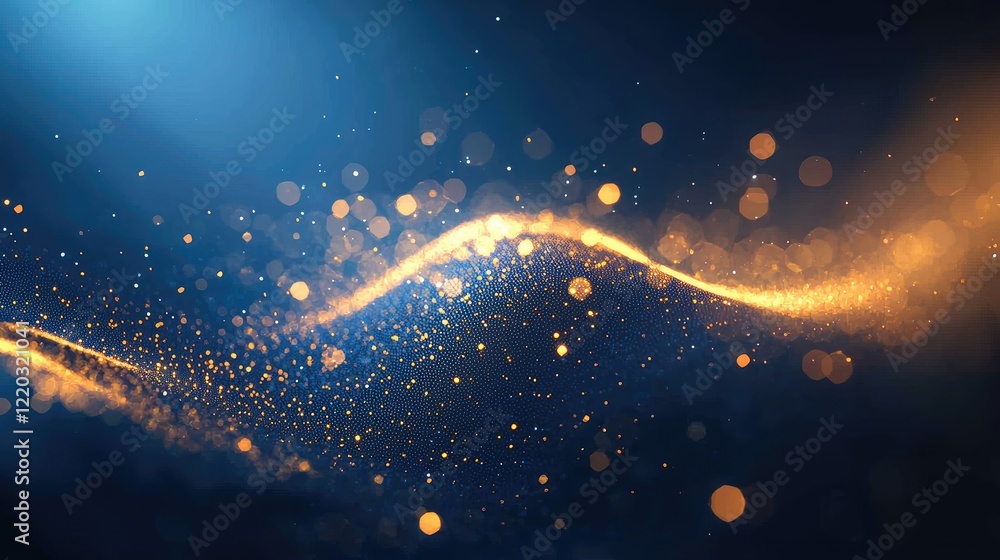 Poster A captivating abstract background featuring hexagonal shapes and flowing lines illuminated by bright effects against a deep blue backdrop. Ideal for various digital proje