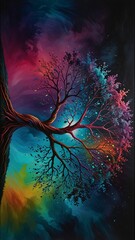 Cosmic Tree of Life with Vibrant Nebula and Starry Landscape V5