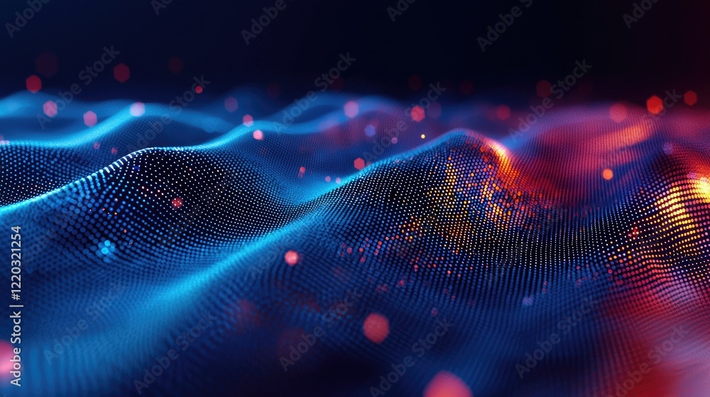 Poster A captivating abstract background featuring hexagonal shapes and flowing lines illuminated by bright effects against a deep blue backdrop. Ideal for various digital proje