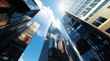 Naklejka premium Stunning view of modern skyscrapers reaching towards a bright blue sky, with sunlight reflecting elegantly off the glass surfaces, showcasing urban architecture and city