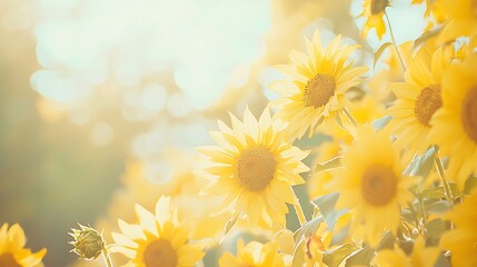 A field of yellow sunflowers with a bright blue sky in the background