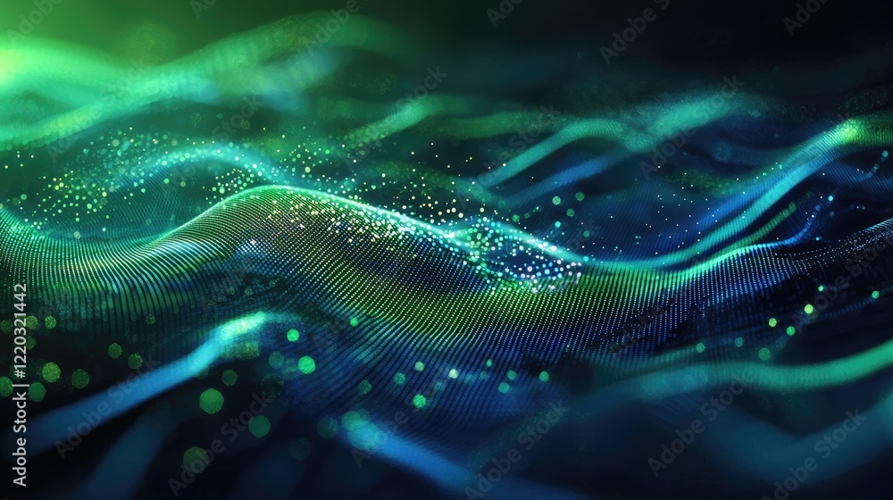 Poster This image showcases an abstract representation of financial trends and analytics through dynamic line graphs and charts in rich blue and green tones, ideal for technolog