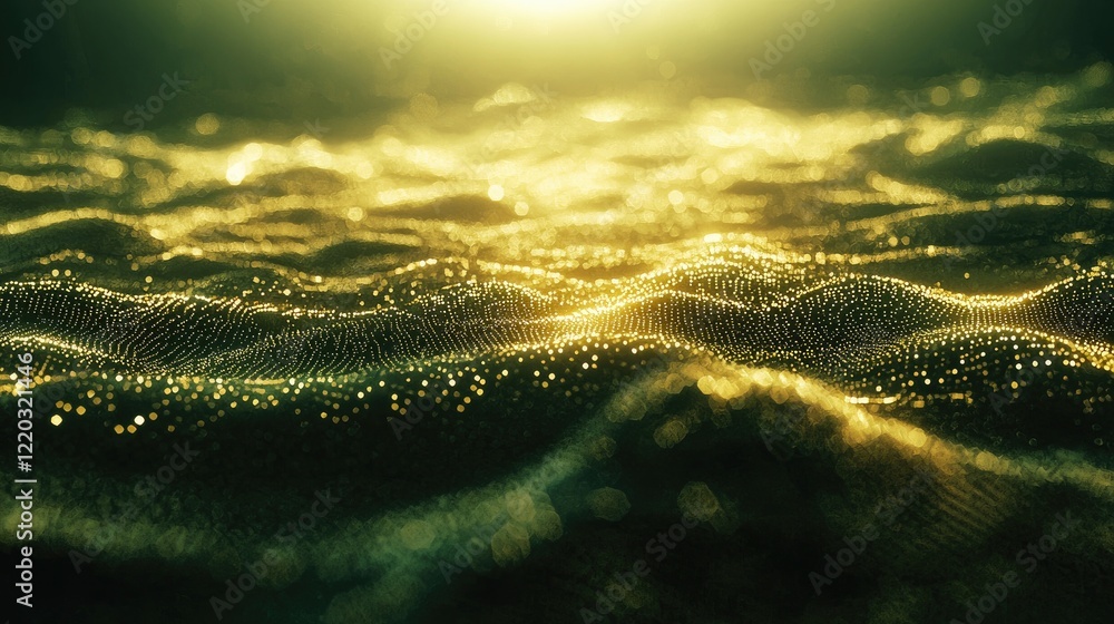 Poster Explore a captivating abstract digital landscape with glowing light rays and data points, perfect for technology and innovation themes in your projects.