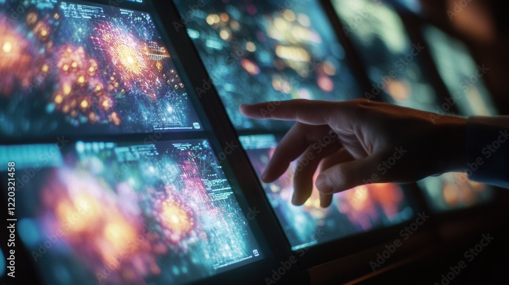Poster a cybersecurity expert analyzes complex systems on multiple screens.
