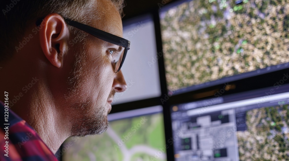 Poster a cybersecurity expert analyzes complex systems on multiple screens.