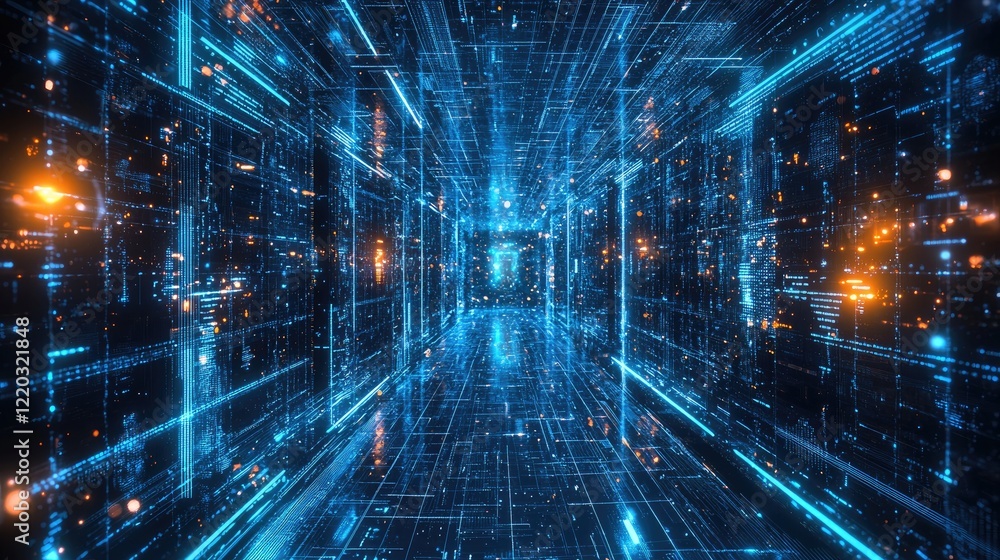 Poster This abstract digital background features dynamic glowing lines and dots in blue, symbolizing the concepts of technology, connectivity, and modern design in a digital lan